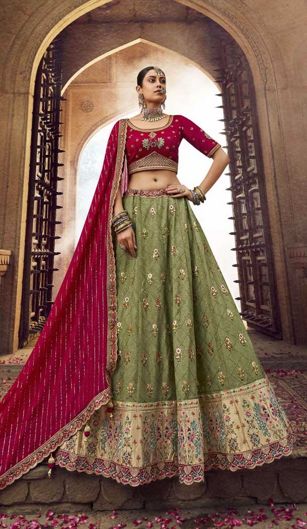 Traditional Wedding Wear Viscose Embroidery Work Lehenga Choli In Green - 7953179293