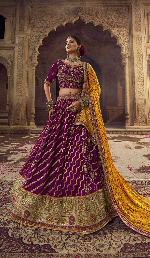 Purple Traditional Wedding Wear Viscose Embroidery Work Lehenga Choli - 7953179299
