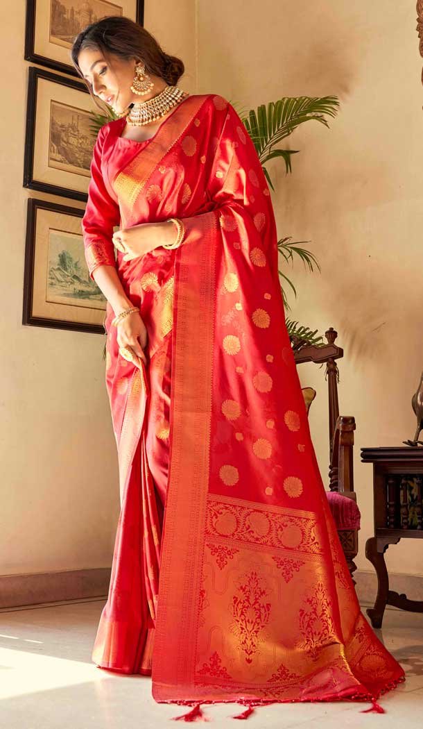 Traditional Attractive Red Weaving Silk Jacquard Work Party Wear Saree  - 7955179305