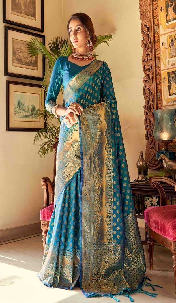 Traditional Classy Rama Blue Weaving Silk Jacquard Work Party Wear Saree  - 7955179309