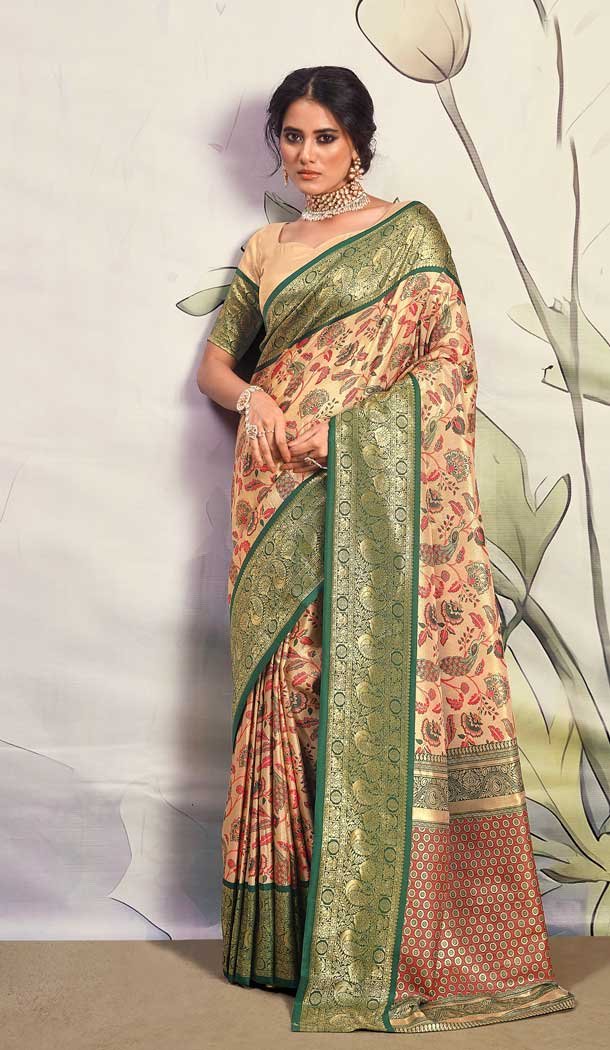 Golden Green Color Print Work Pure Silk Designer Party Wear Saree - 7957179322