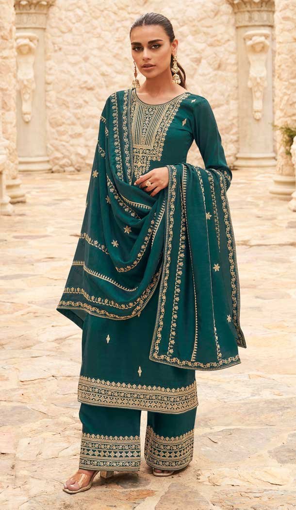 Teal Green Premium Silk Embroidery Work Traditional Function Wear Designer Palazzo Salwar Kameez - 7967179399