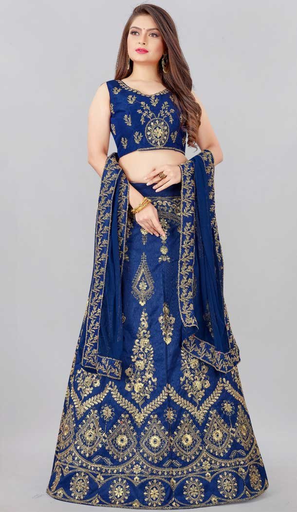 Silk Blend Royal Blue Zari Work Party Wear Designer Lehenga Choli - 7974179445