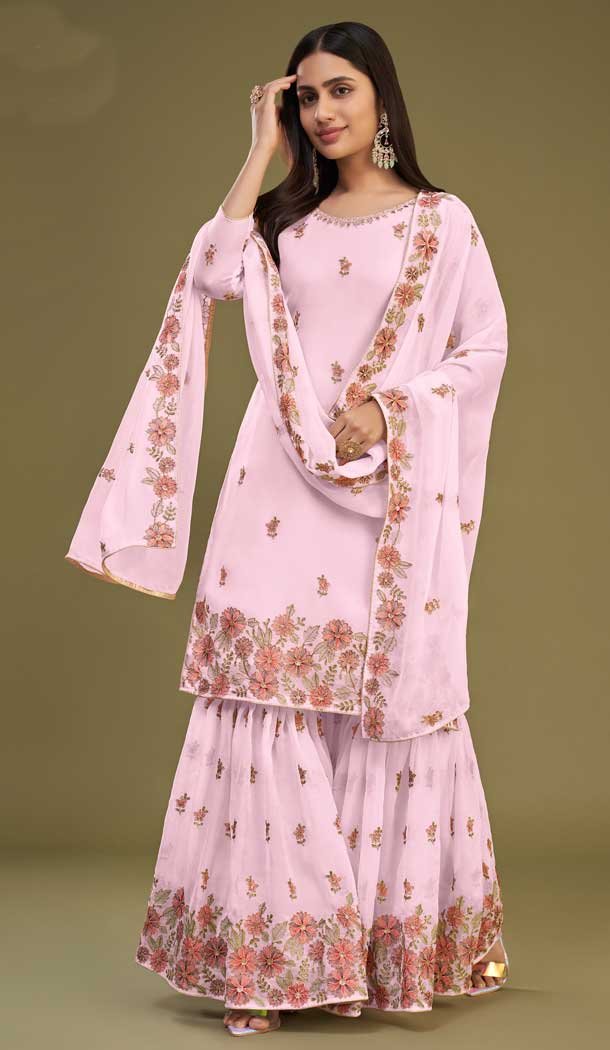Festival Wear Georgette Embroidery Work Designer Sharara Suit In Pink - 7983179533