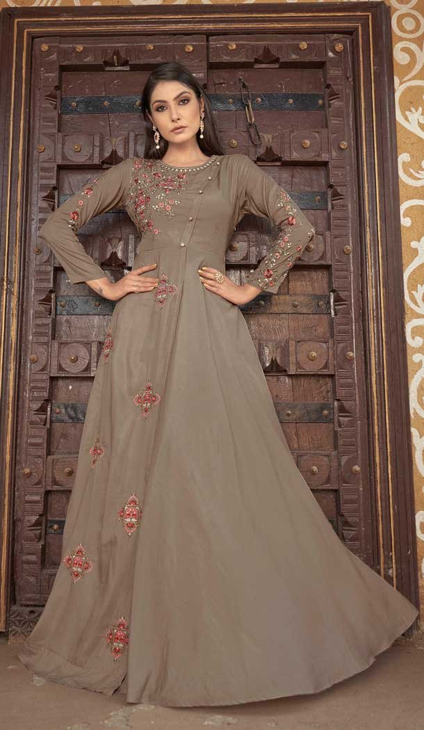 Party Wear Heavy Maslin With Embroidery Work Readymade Gown In Brown - 7988179569
