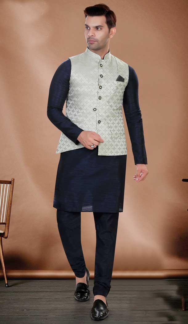 Art Silk Woven Work Readymade Men's Wear Kurta Pajama With Jacket In Navy Blue - 8004179704