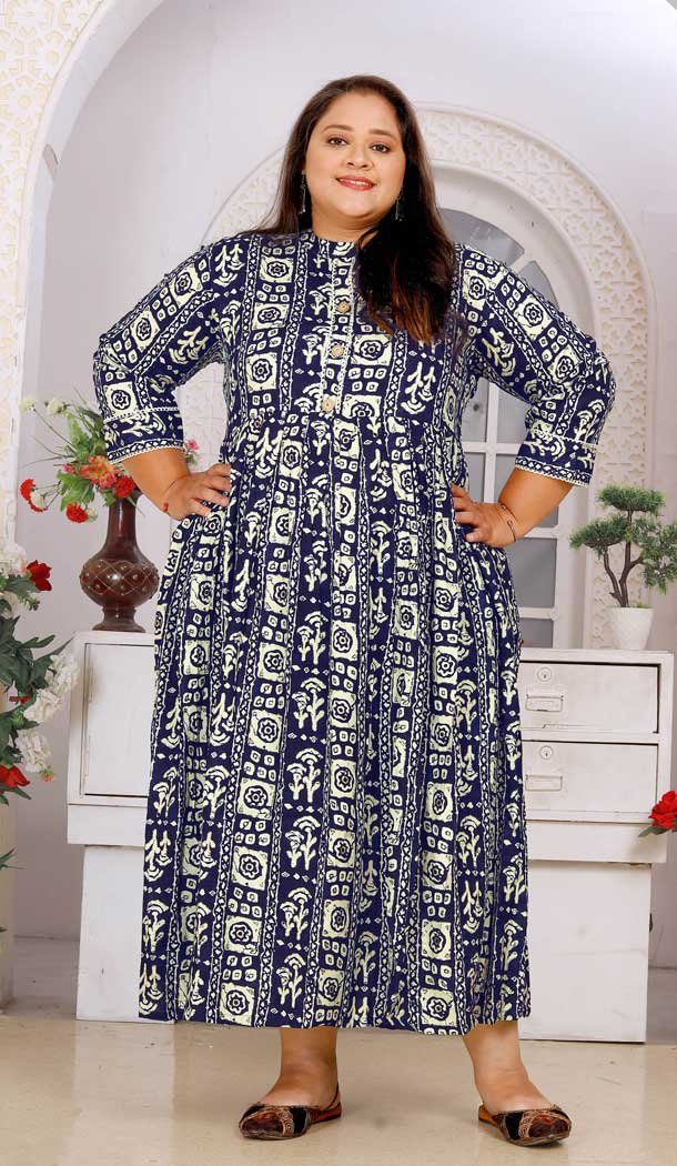 Designer Rayon Navy Blue Print Work Casual Wear Readymade Gown - 8005179705