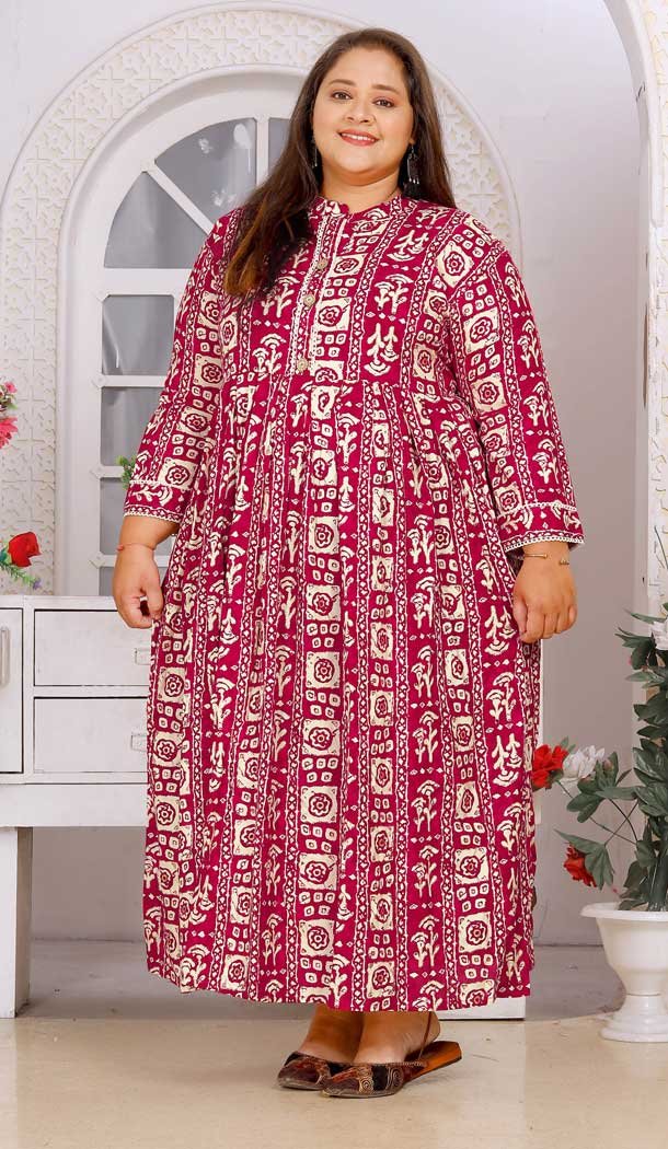 Designer Rayon Red Print Work Casual Wear Readymade Gown - 8005179706