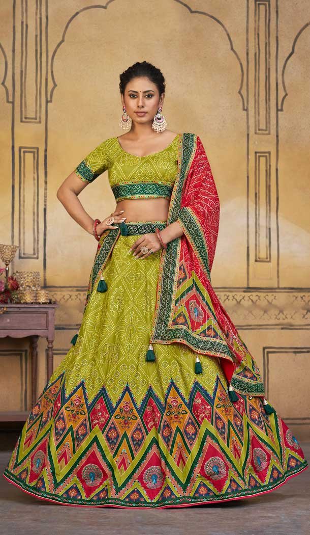 Alluring Parrot Green Viscose Silk Khatli Work Wedding Wear Lehenga Choli - 8007179715
