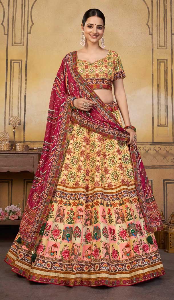 Chic Yellow Viscose Silk Khatli Work Wedding Wear Lehenga Choli - 8007179717