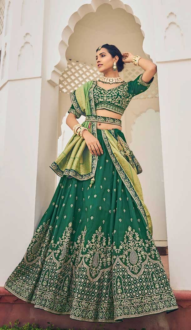 Glamorous Green Viscose Thread Embroidery Work Wedding Wear Lehenga Choli - 8008179718