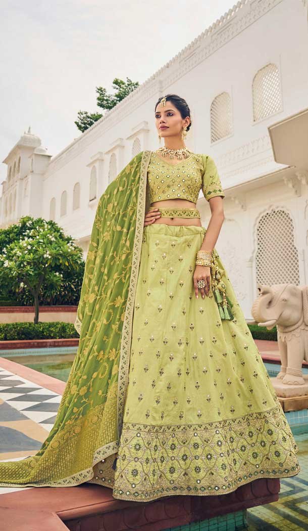 Ethnic Pista Color Viscose Thread Embroidery Work Wedding Wear Lehenga Choli - 8008179726