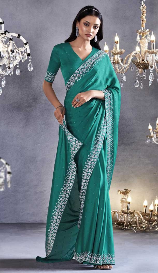 Rama Green Pure Satin With Embroidery Work Traditional Designer Wear Saree - 8025179806