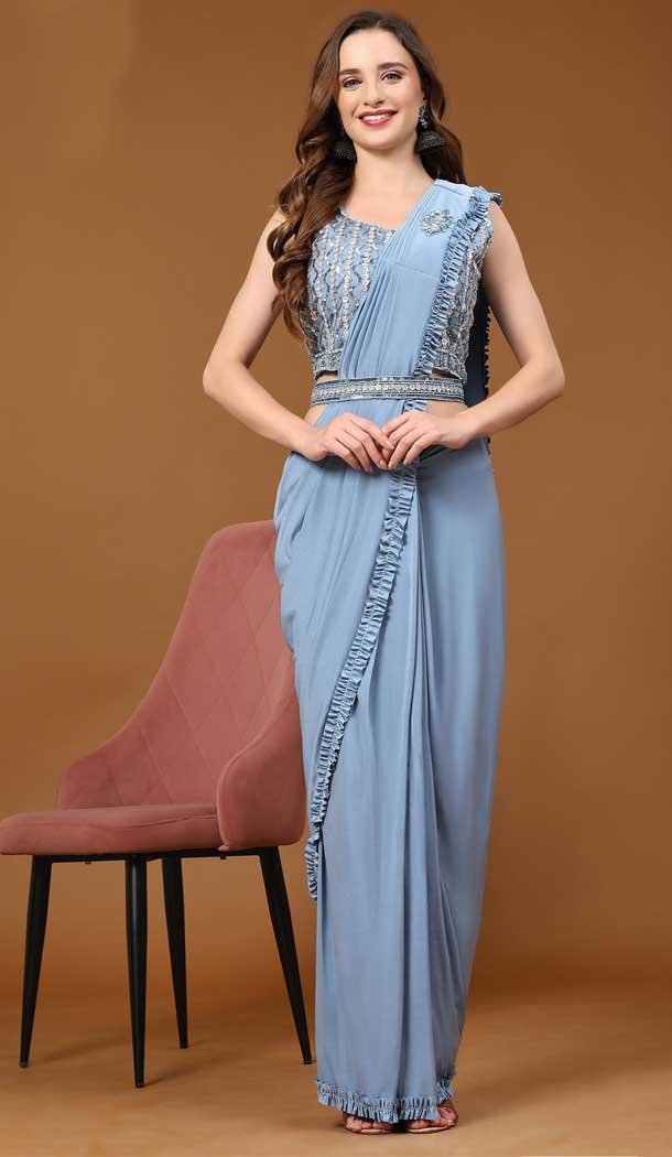Imported Embroidery Sequins Work Designer Party Wear Readymade Saree in Blue 8027179822