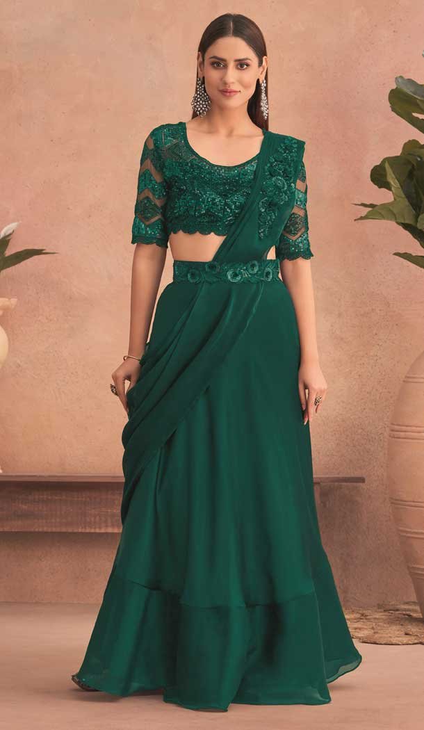 Green Silk Georgette With Embroidery Work Designer Party Wear Saree - 8052180003