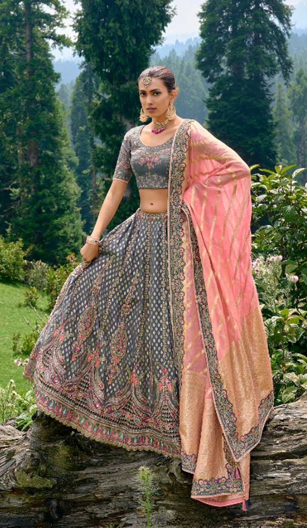 Grey Fancy Silk Embroidery Work Designer Wedding Wear Lehenga Choli - 8063180073