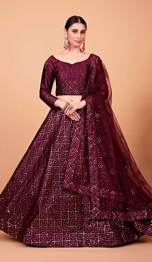 Designer Tabby Silk Burgundy Color Sequence Embroidery Work Party Wear Lehenga Choli  - 8075180173