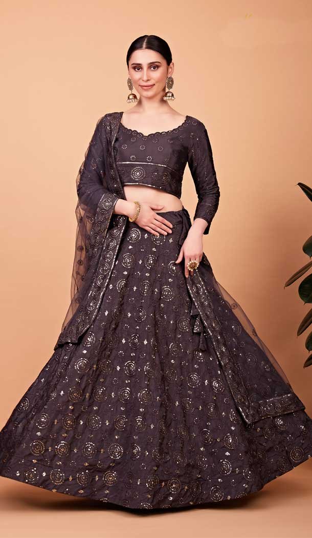 Designer Tabby Silk Grey Color Sequence Embroidery Work Party Wear Lehenga Choli  - 8075180176