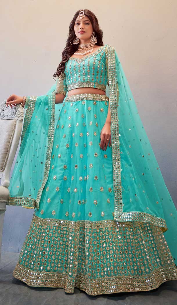 Mehendi and Sangeet Butterfly Net Sequins Work Designer Lehenga Choli In Sky Blue - 8091180282