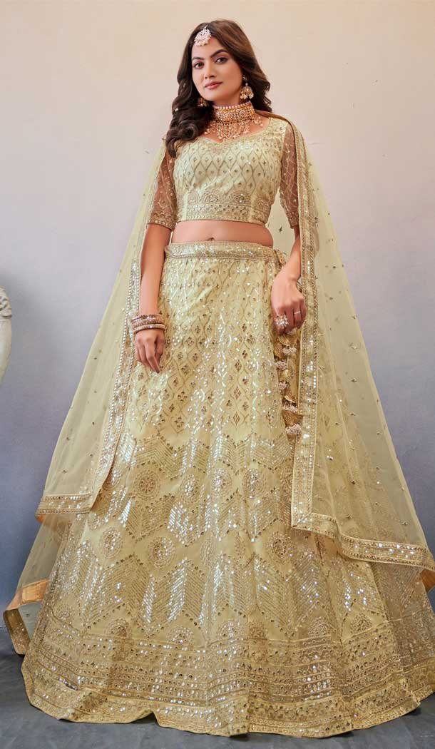 Elegant Cream Color Butterfly Net Sequins Work Sangeet Wear Lehenga Choli - 8092180285