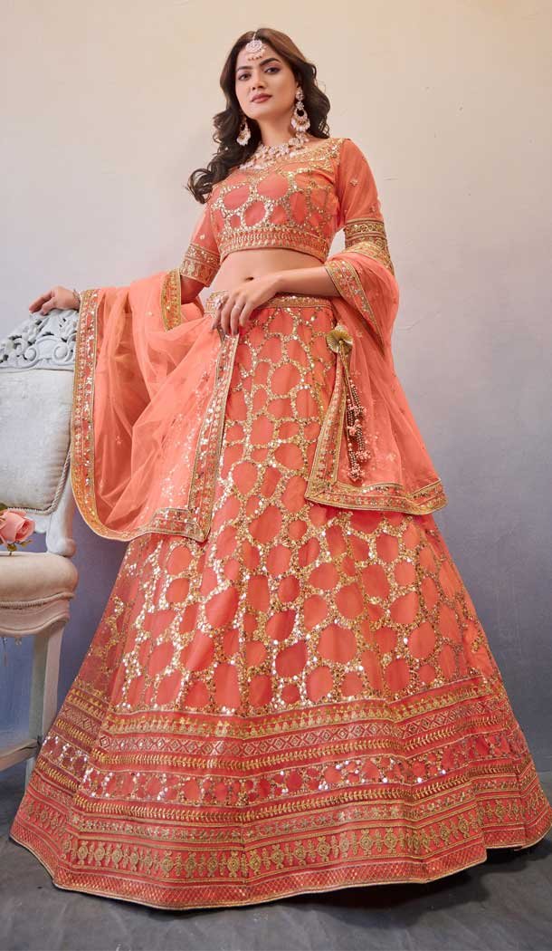 Fancy Light Orange Butterfly Net Sequins Work Sangeet Wear Lehenga Choli - 8092180286