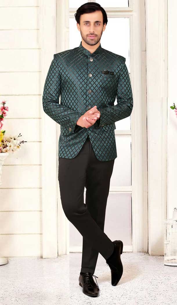 Teal Rayon Hand Work Readymade Men's Wedding Wear Jodhpuri - 81051800379