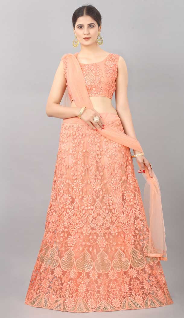 Designer Sequins Work Net Orange Color Party Wear Lehenga Choli - 8132180549