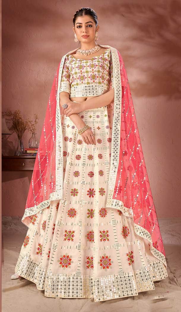 Designer Wedding Wear Premium Georgette Multi Heavy Lehenga Choli In Off White Color - 8155180774