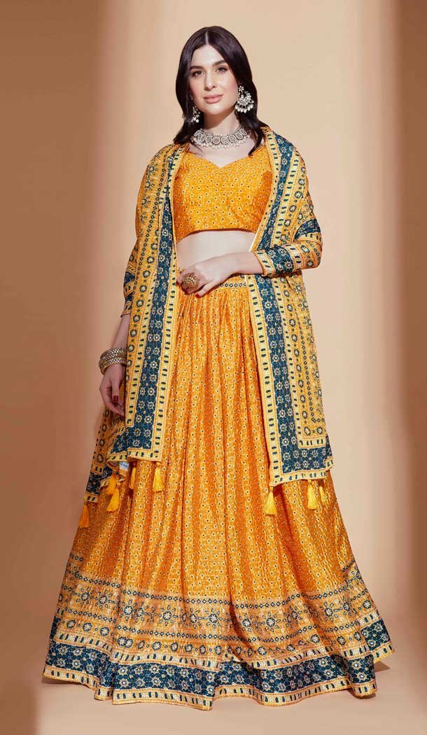 Digital Print Work Chinon Designer Party Wear Lehenga Choli In Yellow Color - 8156180777