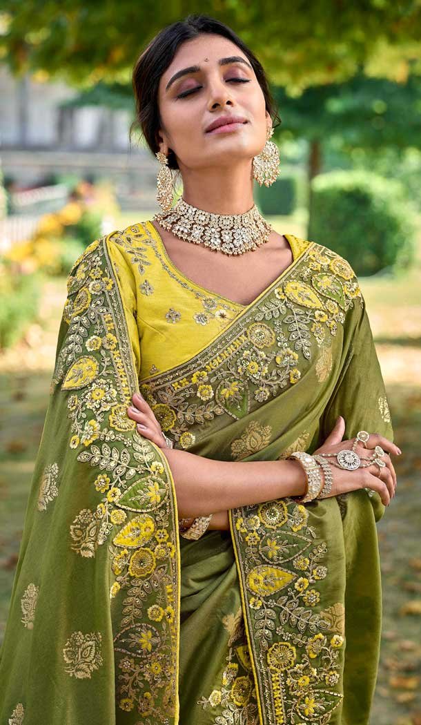 Mehendi Green Tissue Silk Embroidered Designer Wear Saree - 11129199056