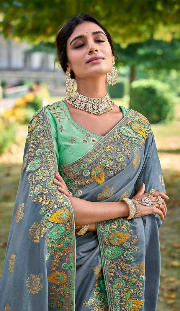 Tissue Silk Embroidered Designer Wear Saree In Grey - 11129199057