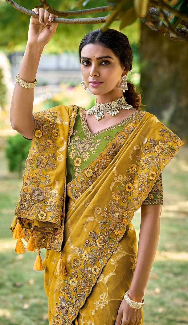 Tissue Silk Embroidered Designer Wear Saree In Mustard - 11129199058