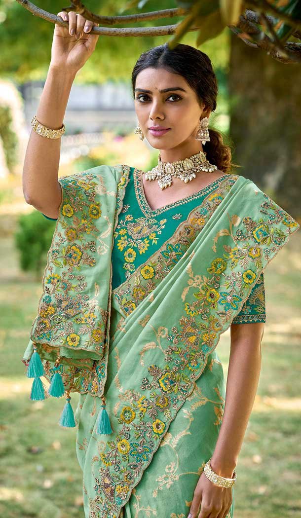 Tissue Silk Embroidered Designer Wear Saree In Pista Green - 11129199059