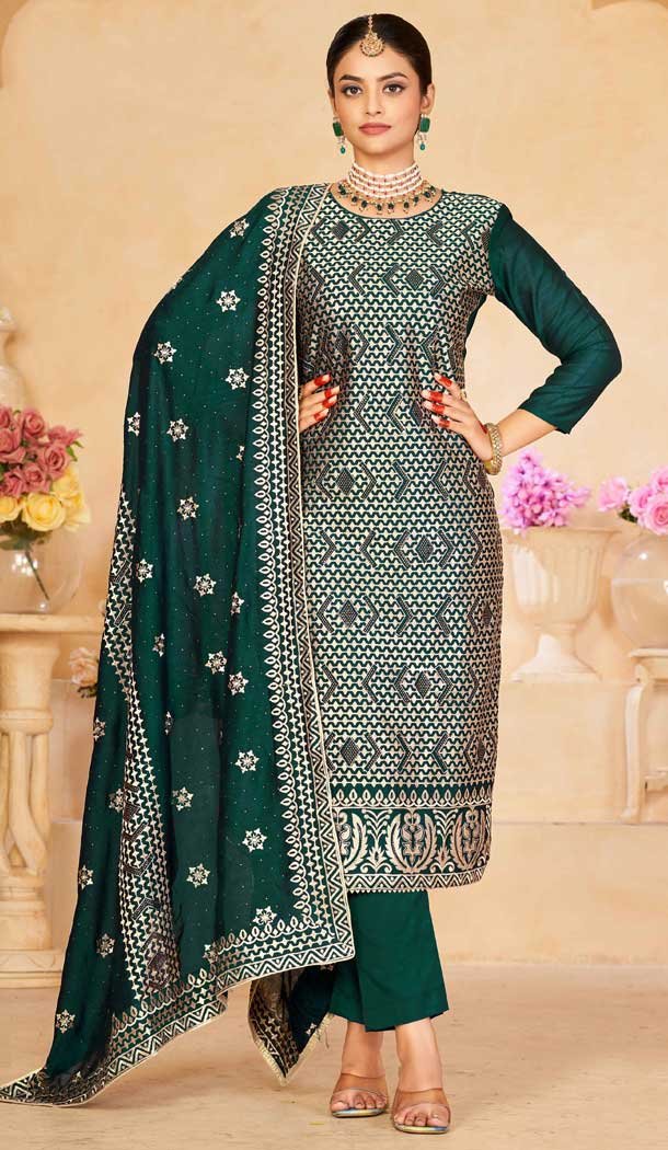 Green Blooming Vichitra Embroidery Work Party Wear Salwar Kameez - 8184180943