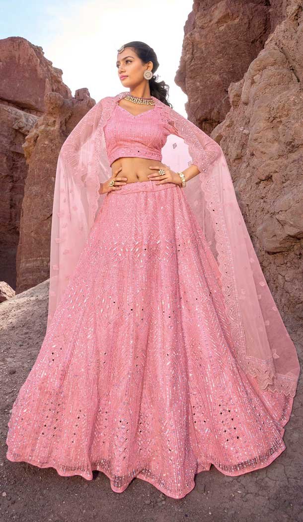 Pure Net Pink Embroidery Work Designer Wedding Wear Heavy Lehenga Choli - 8189180980