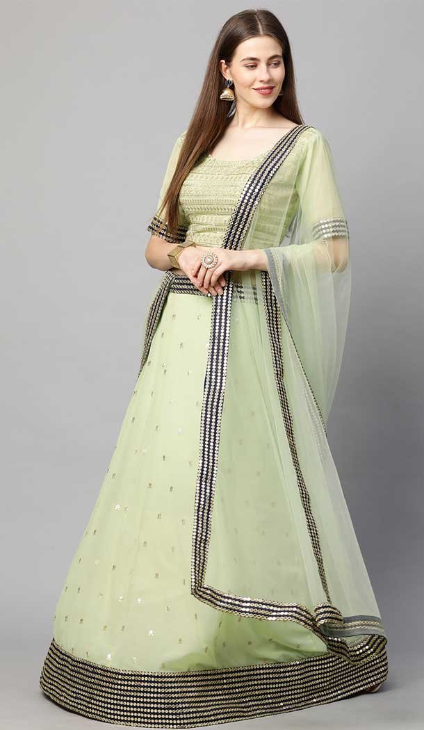 Sequins Work Georgette Green Designer Party Wear Heavy Lehenga Choli - 8195181009