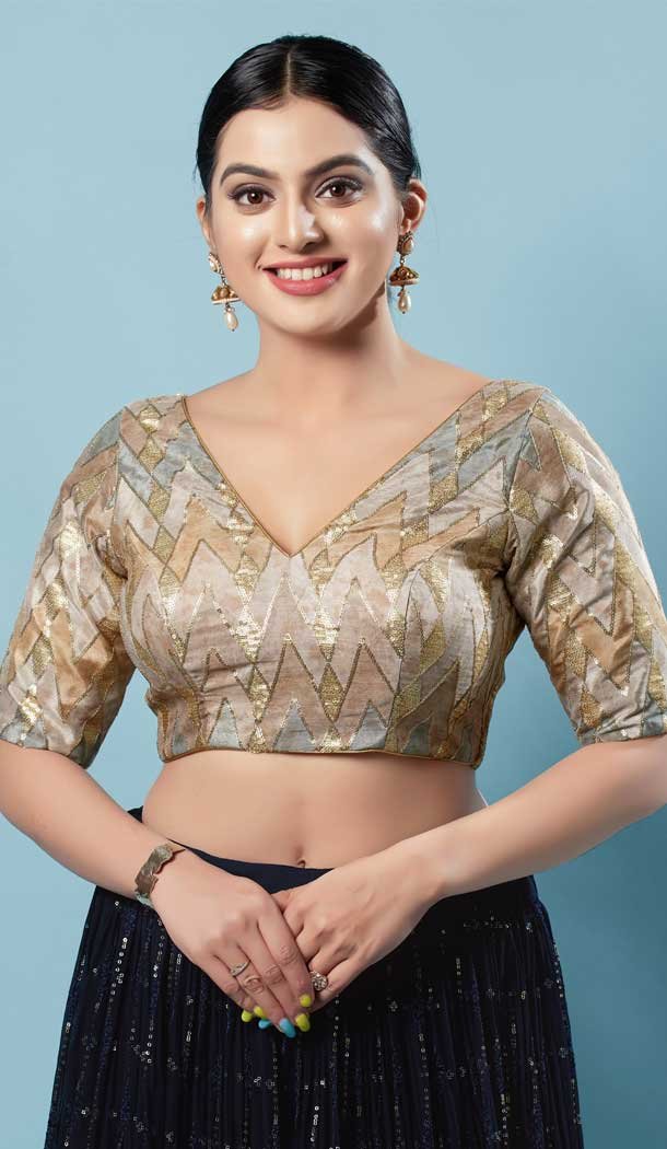 Silk With Sequins Work Function Wear Designer Readymade Blouse In Gold - 8208181084