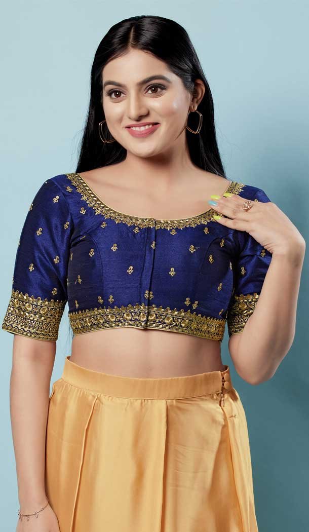 Silk With Sequins Work Function Wear Designer Readymade Blouse In Navy Blue - 8208181087