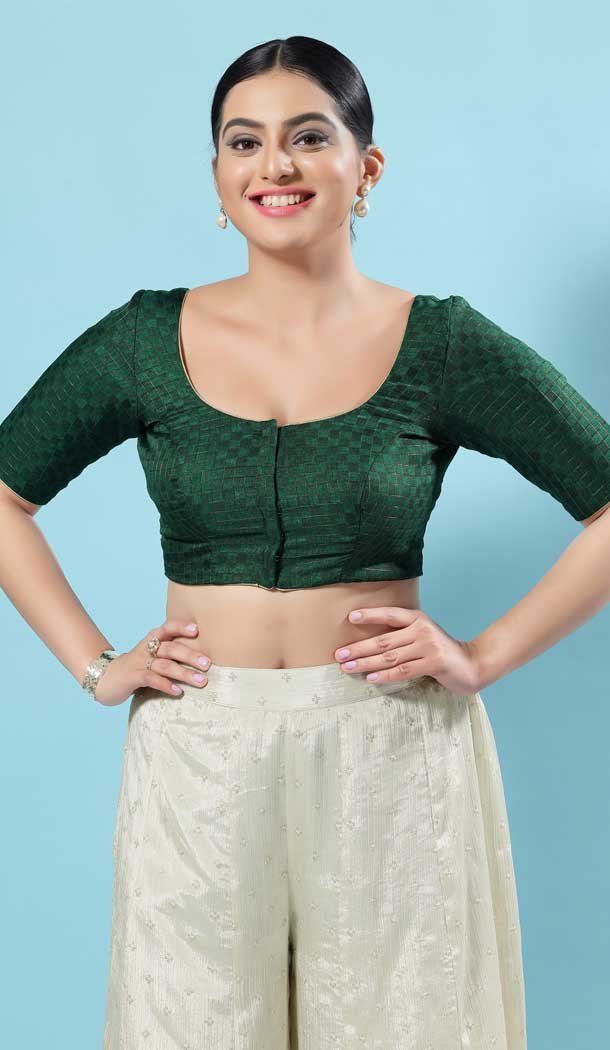 Bottle Green Jacquard Printed Work Party Wear Readymade Blouse - 8209181088