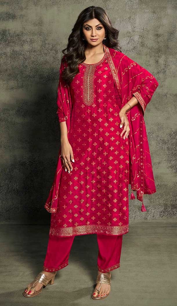 Embroidery Work Jacquard Red Designer Festival Wear Salwar Kameez - 8214181110