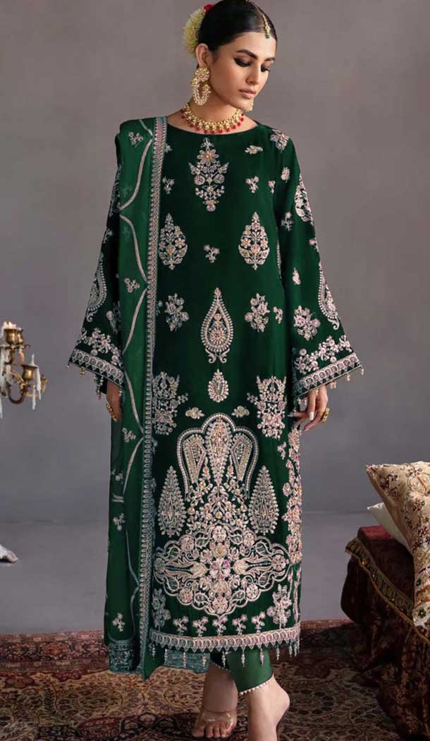 Velvet Embroidered Designer Pakistani Salwar Kameez In Green - 11193199546