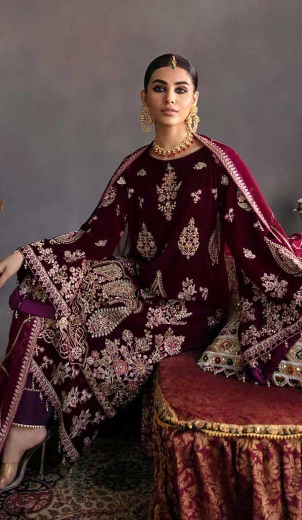 Velvet Embroidered Designer Pakistani Salwar Kameez In Maroon - 11193199547