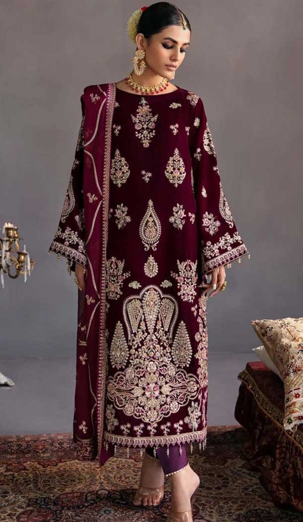 Velvet Embroidered Designer Pakistani Salwar Kameez In Maroon - 11193199547