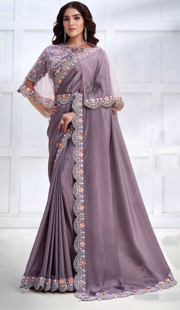 Purple Crepe Satin Silk Embroidery Work Party Wear Designer Saree - 8207181073