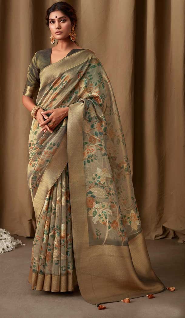 Banarasi Jacquard Digital Print Work Designer Party Wear Saree In Sea Green Color - 8222181173