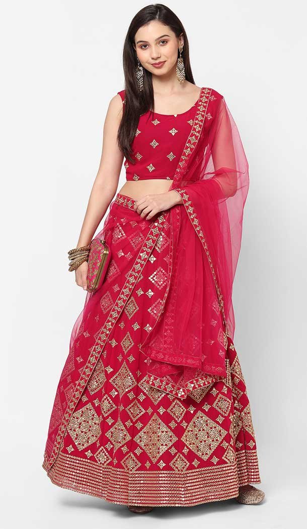 Party Wear Georgette Magenta Mirror Work Designer Lehenga Choli - 8229181217