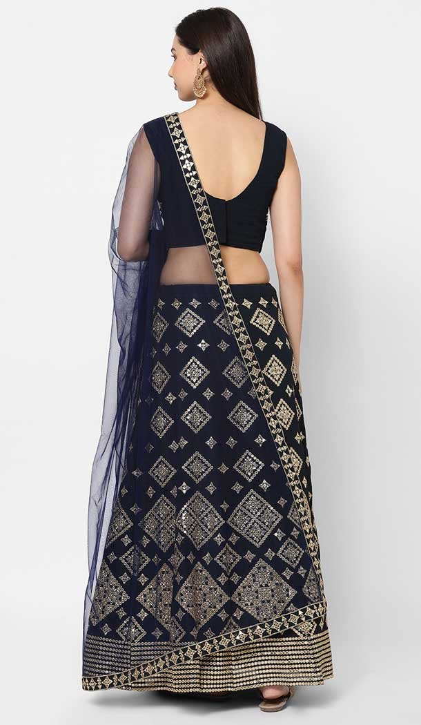Party Wear Georgette Navy Blue Mirror Work Designer Lehenga Choli - 8229181218