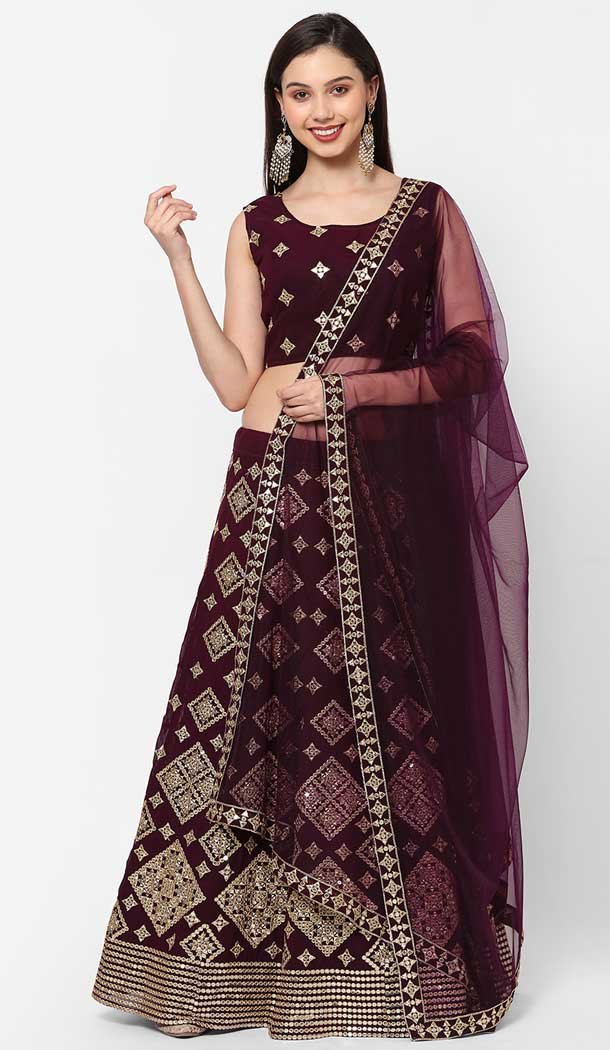 Party Wear Georgette Wine Mirror Work Designer Lehenga Choli - 8229181219