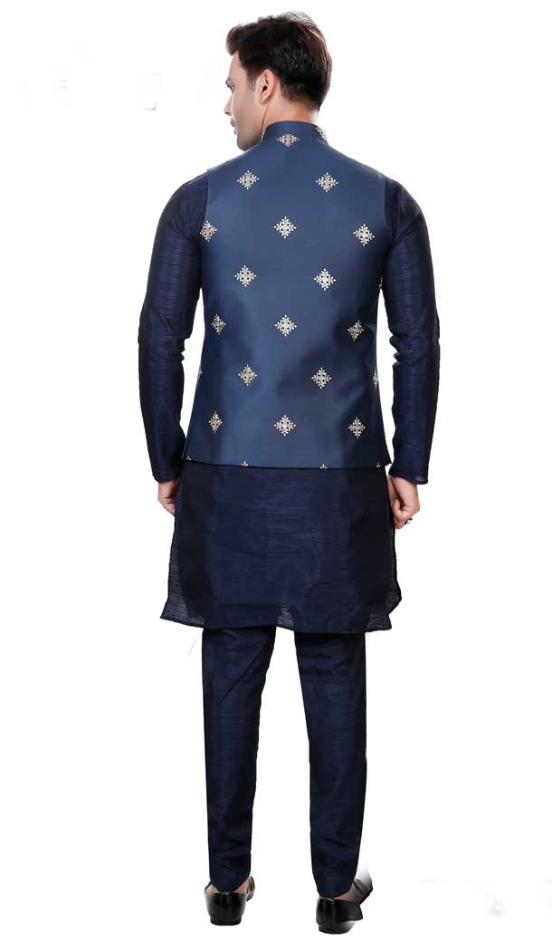 Navy Blue Art Silk Resham Work Designer Men's Readymade Kurta Pajama - 8220181152