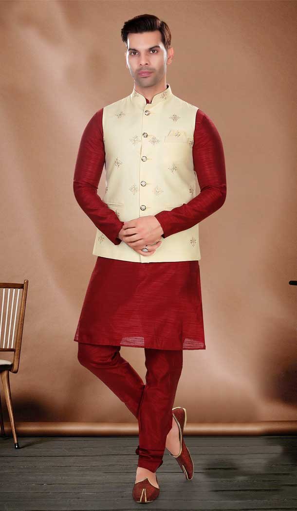 Art Silk Maroon Resham Work Designer Men's Readymade Kurta Pajama - 8220181153